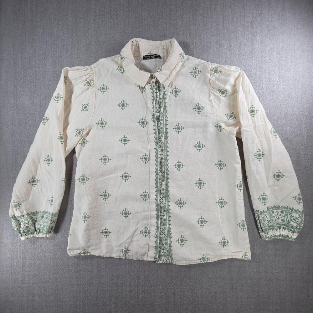Francesca Bettini Blouse Womens L Cream Green Embroidered Puff Sleeve Made Italy